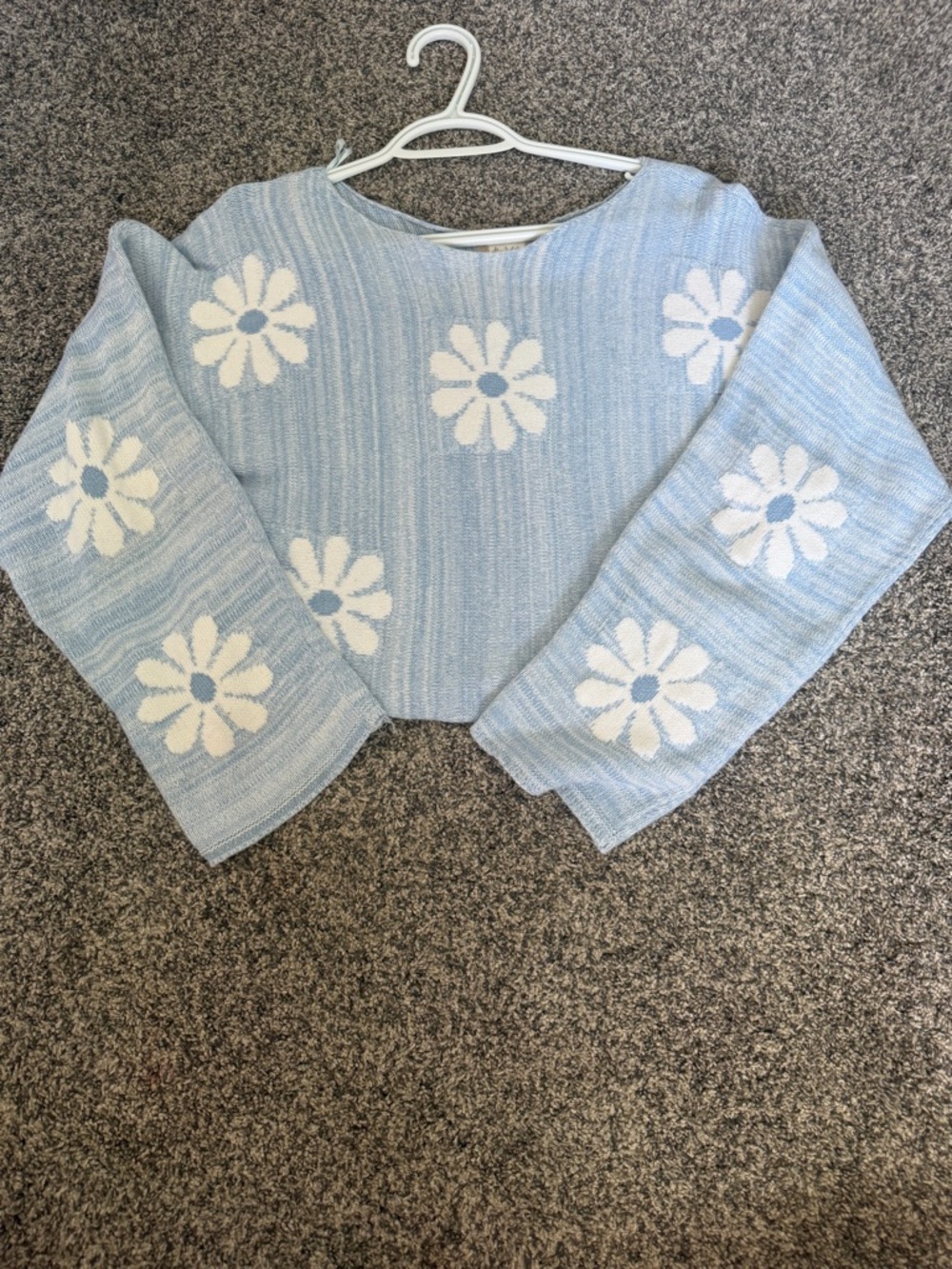 Altar'd State Light Blue & White Daisy Knit Crewneck Sweater